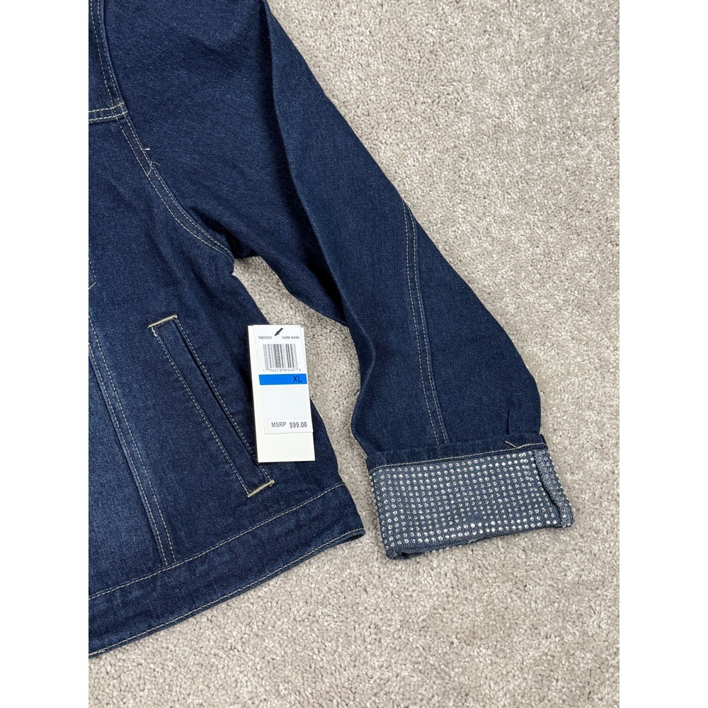Rebecca Minkoff Womens Denim Jacket XL Dark Wash Rhinestone Cuffs RMD5002 NEW - Picture 12 of 12
